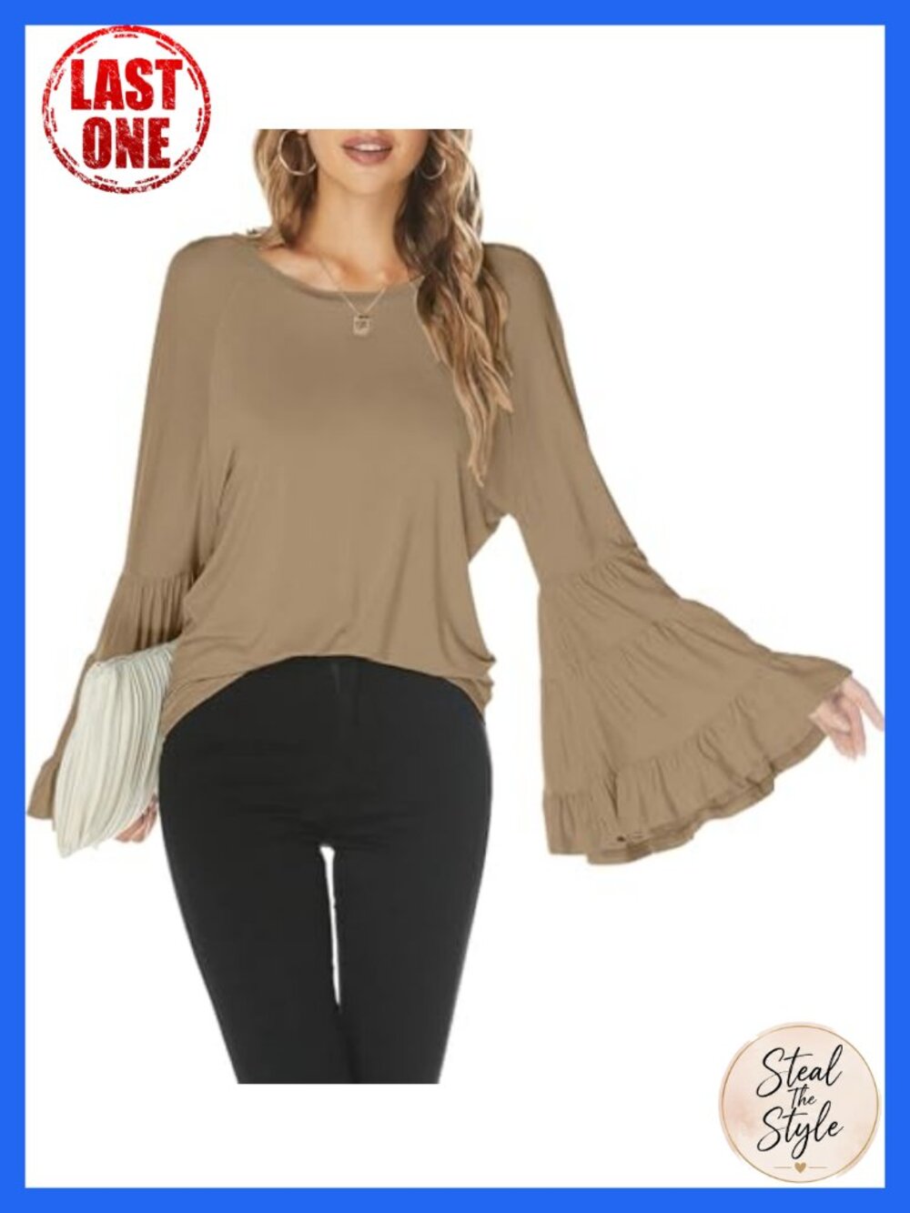 Women's Casual Loose Bell Sleeve Blouse Soft Stretchy Long Sleeve Top